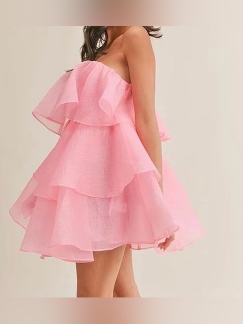 BNWT Strapless Shimmery Pink Organza Ruffle Tiered Mini Dress